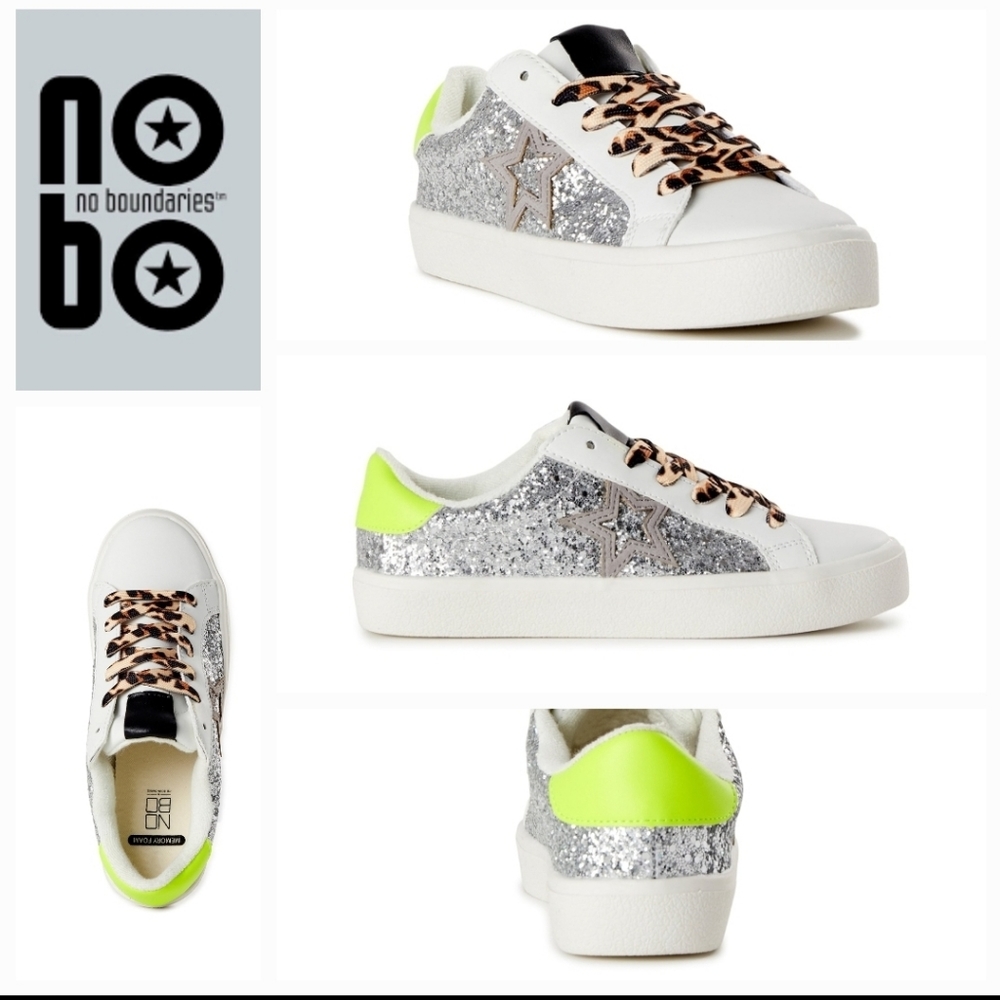 Glittery Womens Star Fashion Sneaker Shoes White Silver Lime Trending Bling New